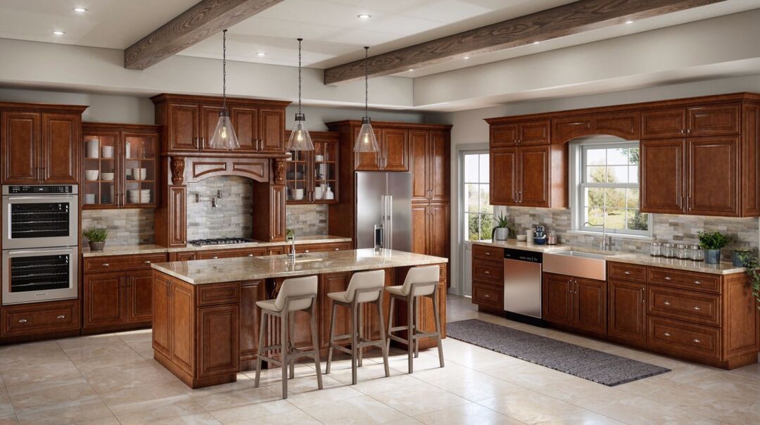 Traditional kitchen with raised panel cherry cabinetry, a large island and stone countertops